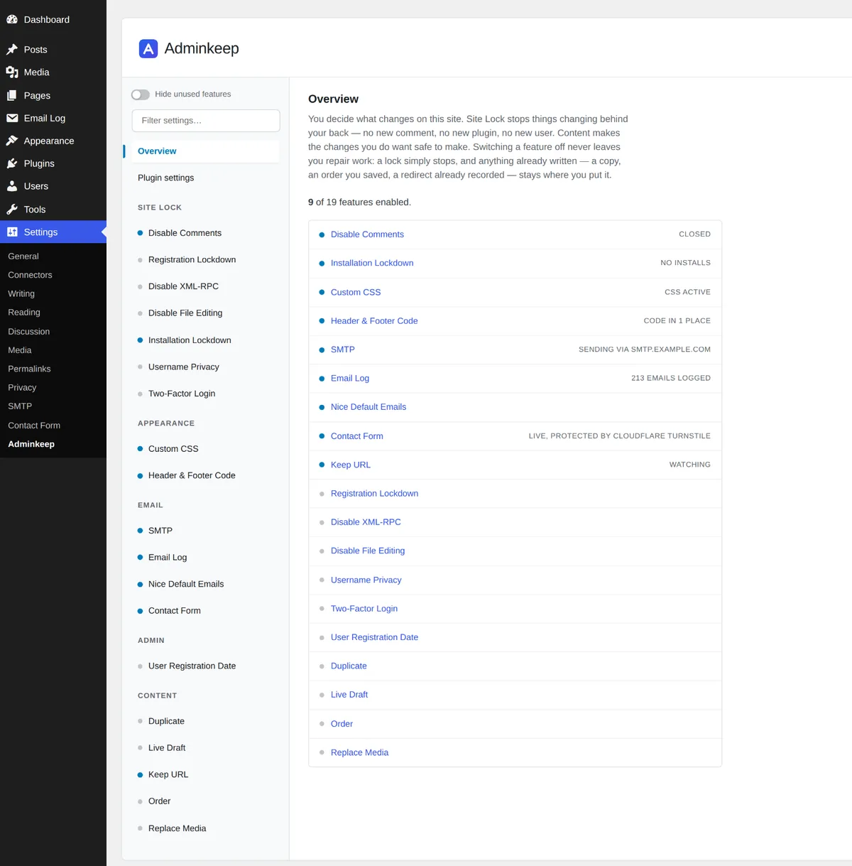 Adminkeep Overview screen listing all 19 features and their current status
