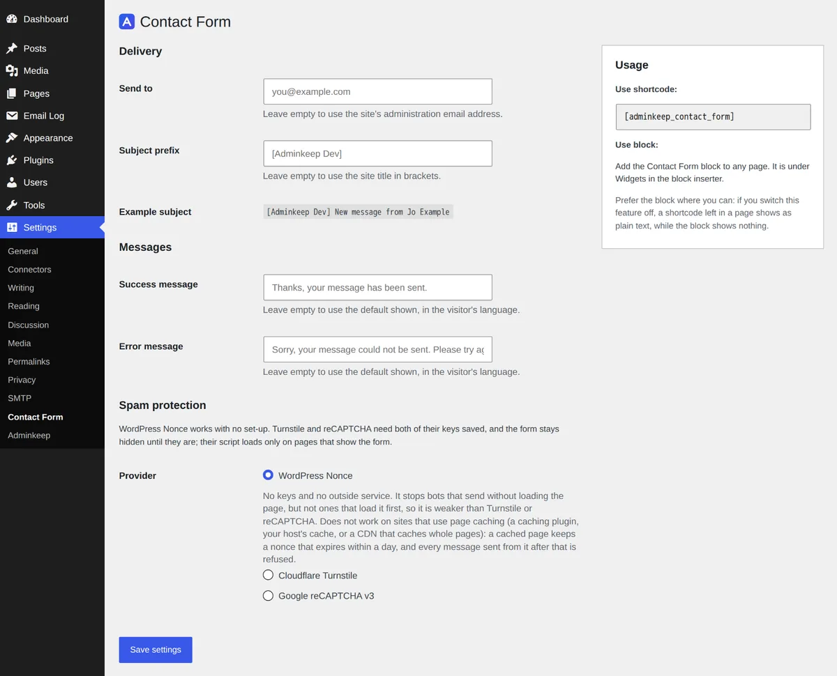 Adminkeep Contact Form settings under Settings, with WordPress Nonce chosen as the spam protection and the Usage box showing the shortcode and the block