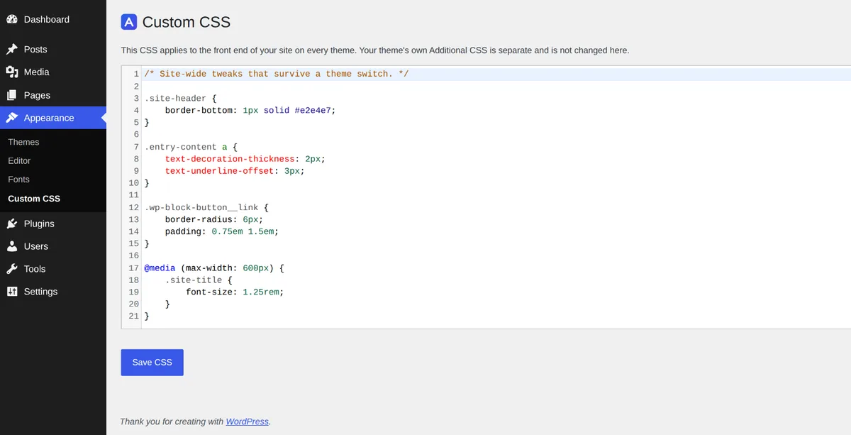 Custom CSS screen under Appearance with a code editor for site-wide CSS