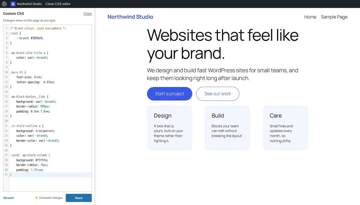 Live CSS editor docked beside the front page of a site, restyling it as the CSS is typed, with Revert and Save below