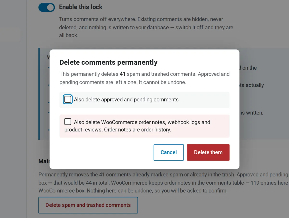 Confirmation dialog for permanently deleting spam and trashed comments in Adminkeep's Disable Comments feature