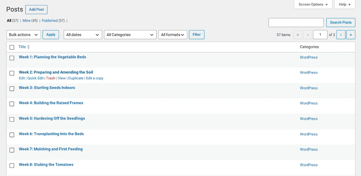 WordPress Posts list showing the added Duplicate and Edit a copy row actions