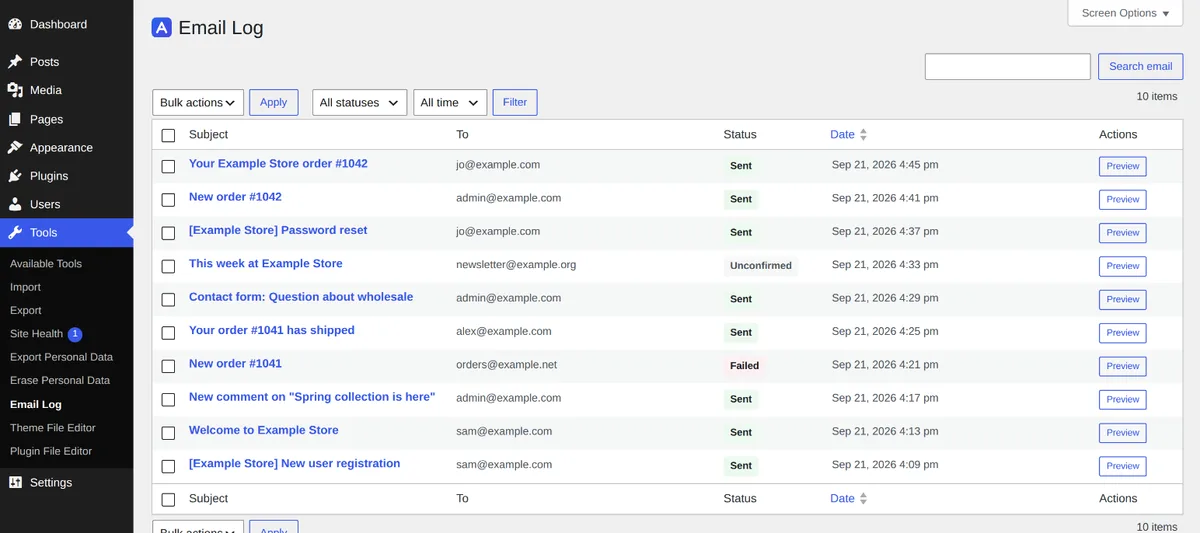 Email Log under Tools listing sent, failed and unconfirmed emails