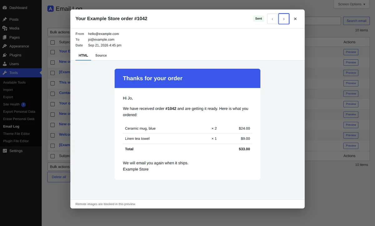 Email Log preview modal showing the rendered HTML of a sent order email