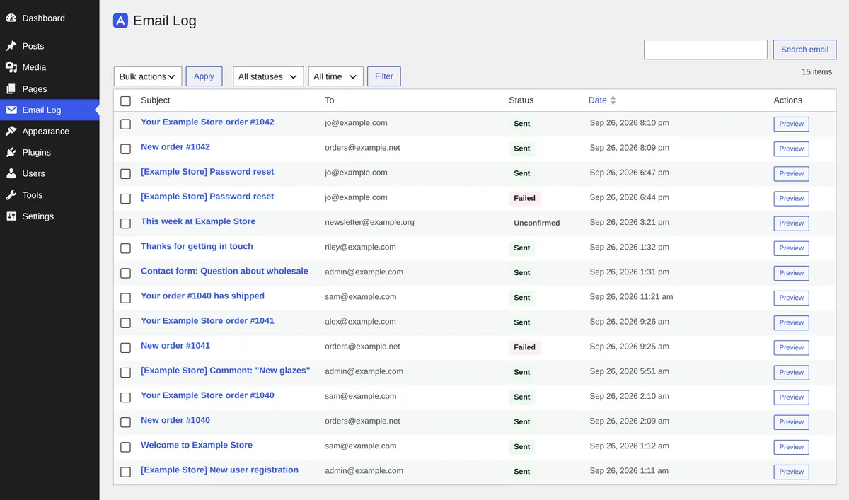 Adminkeep's Email Log in its own admin menu, listing a shop's sent, failed and unconfirmed emails with status, period and search filters
