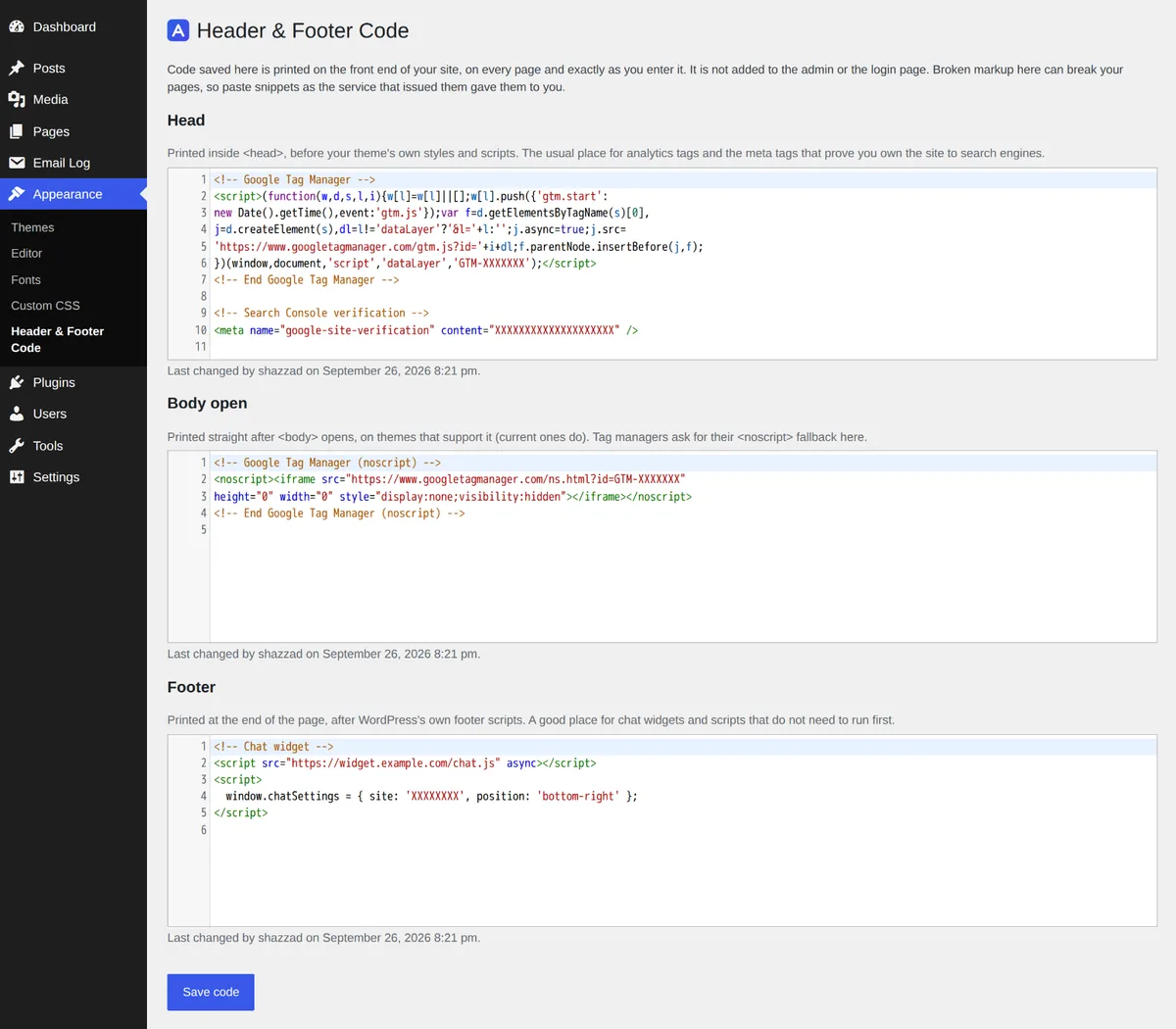 Header & Footer Code screen under Appearance with Head, Body open and Footer code boxes
