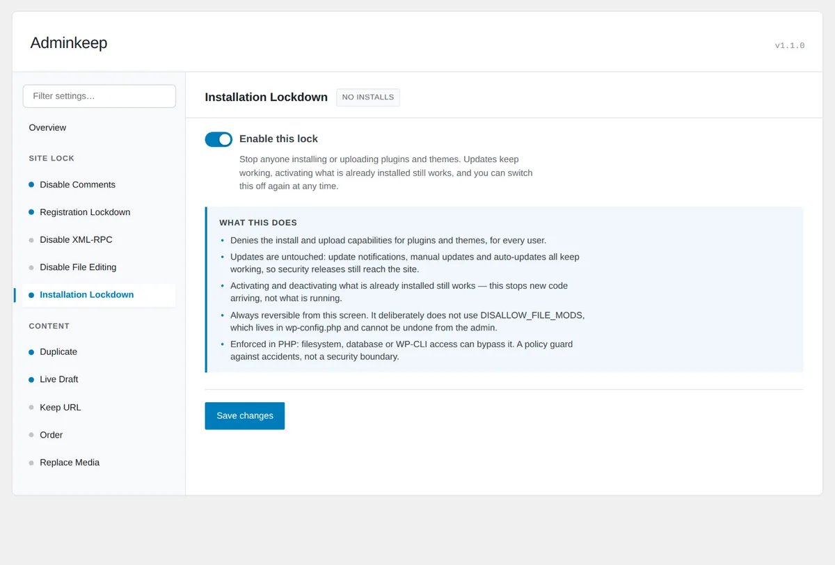 Adminkeep's Installation Lockdown setting switched on, with its explanation