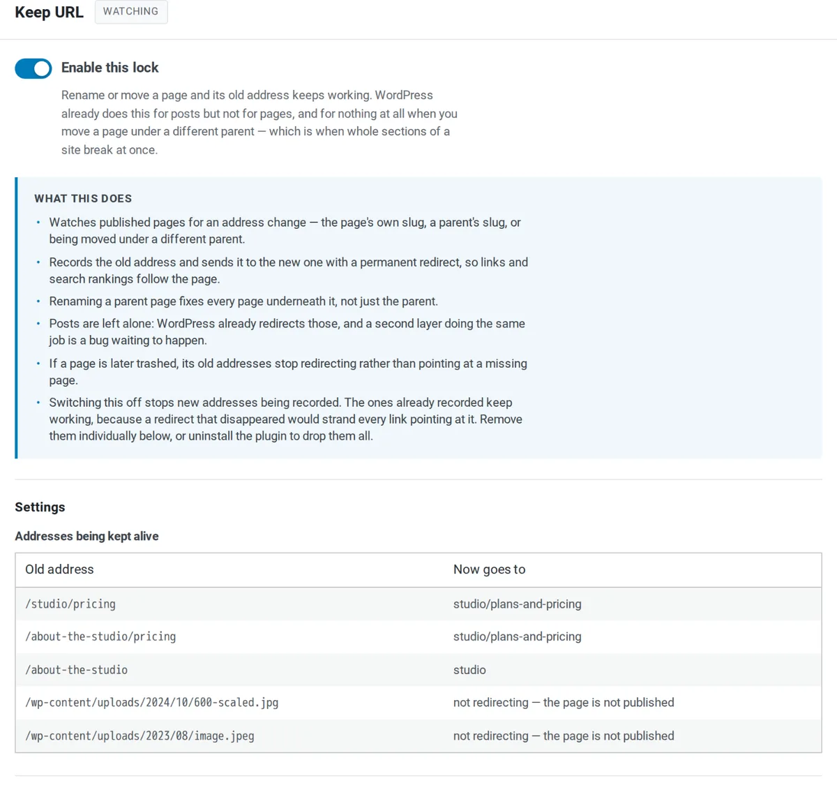 Keep URL settings listing old page addresses and where they now redirect