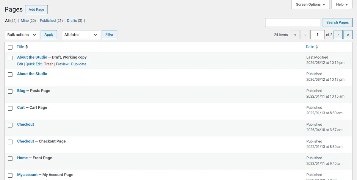 Pages list showing a Live Draft working copy next to its published page