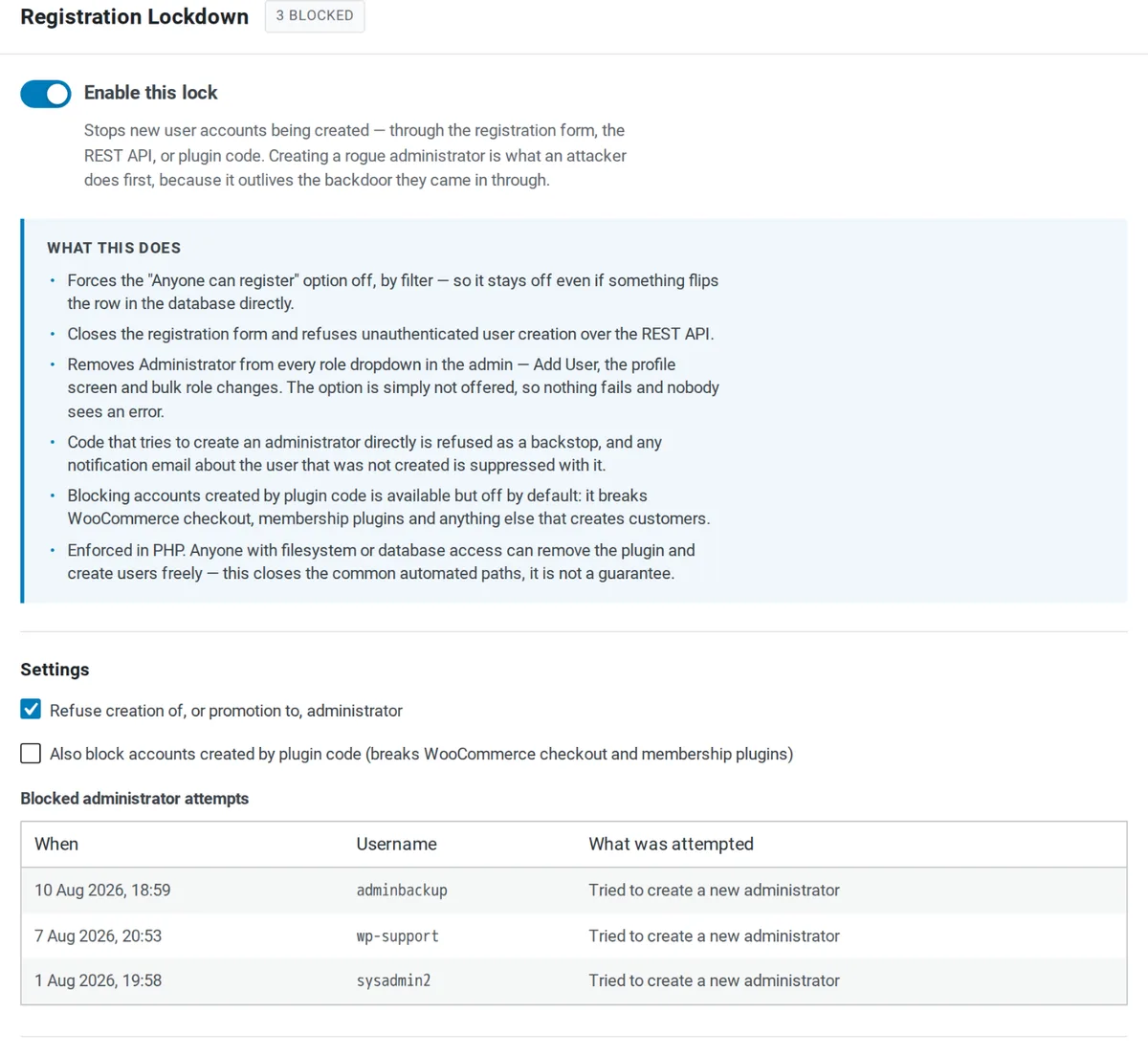 Adminkeep's Registration Lockdown setting, which disables user registration, showing blocked attempts to create a new administrator account