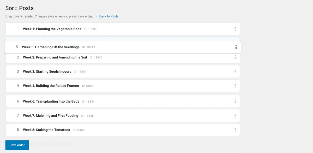Adminkeep's Sort screen for dragging posts into a new order