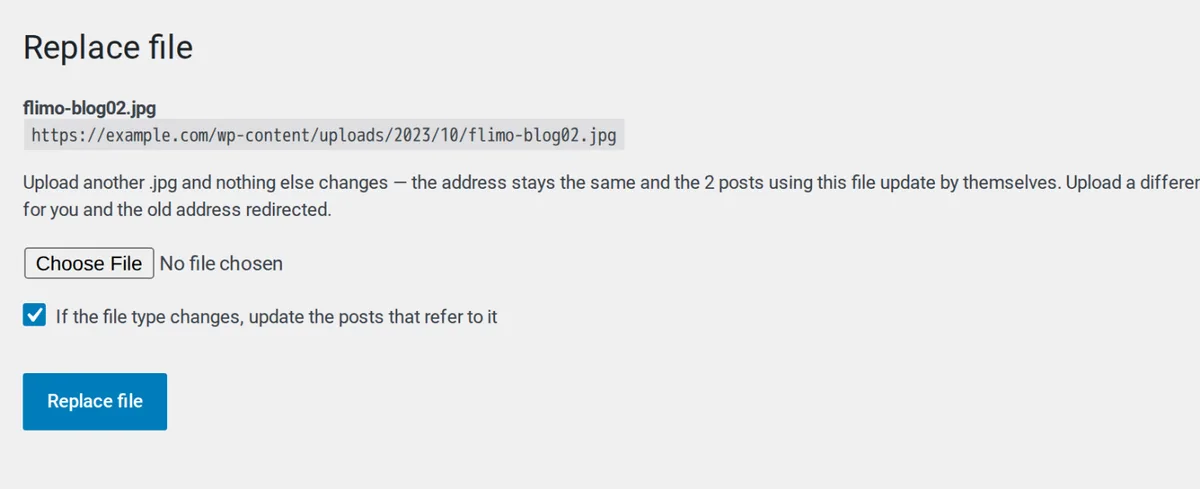 Media Replace file screen for uploading a new file while keeping the same URL