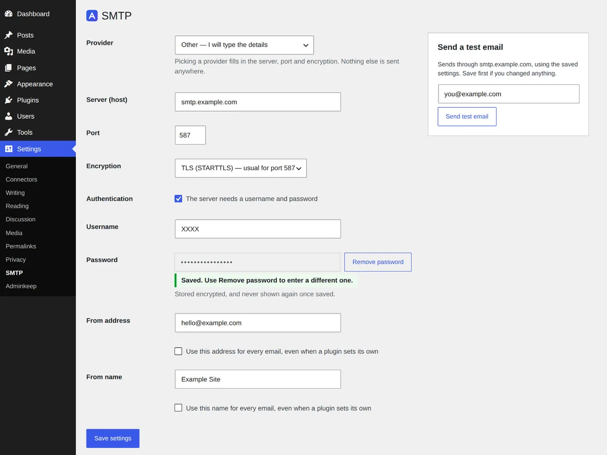 SMTP settings screen with server details and a Send a test email panel