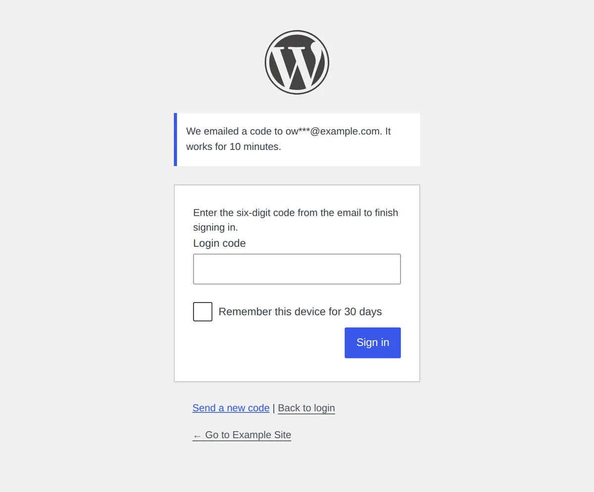WordPress login screen asking for the six-digit code emailed to the account, with a Remember this device checkbox