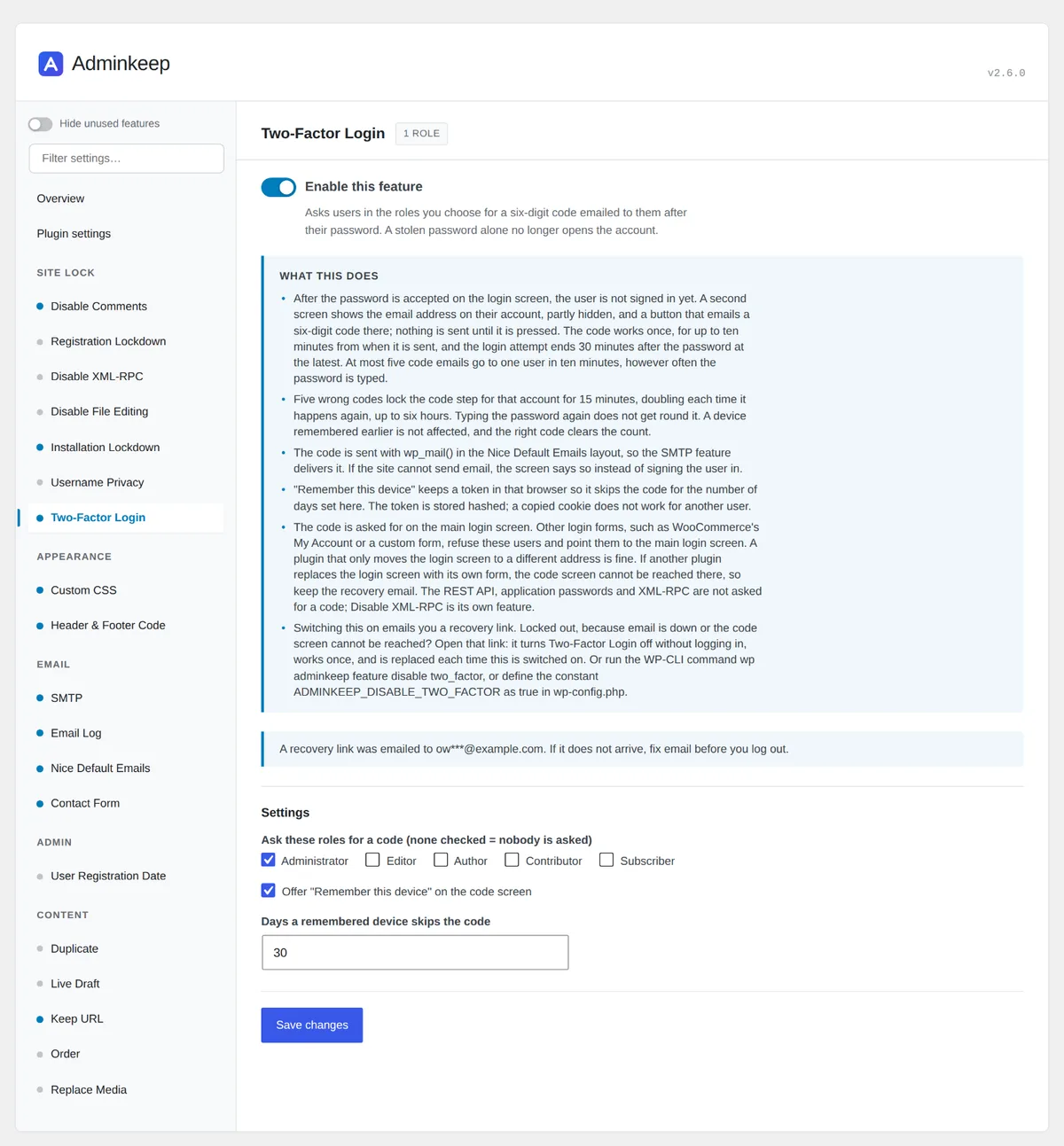 Adminkeep Two-Factor Login settings with the roles asked for a code and the Remember this device option